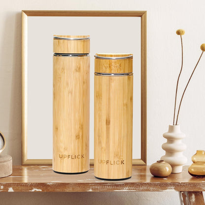 Bamboo Water Bottle Insulated Tea Tumbler for Men Birthday Gift, Women Travel Tea Set with Diffuser for Loose Tea Leaves, Stainless Steel Leak Proof Gift for Mom (15 oz)