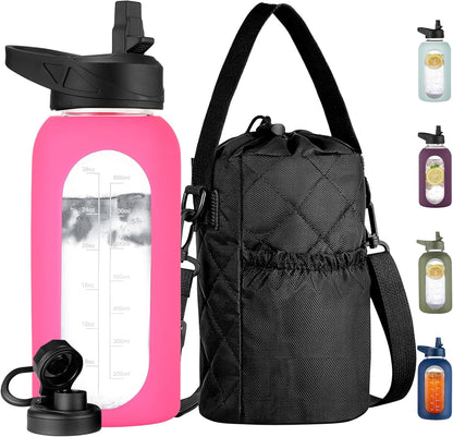 CIVAGO 32 oz Glass Water Bottle with Straw and Insulated Bottle Holder Sling, Motivational Water jug with Time Marker and Silicone Sleeve, Large Sport Water Flask with 2 Lids, Black