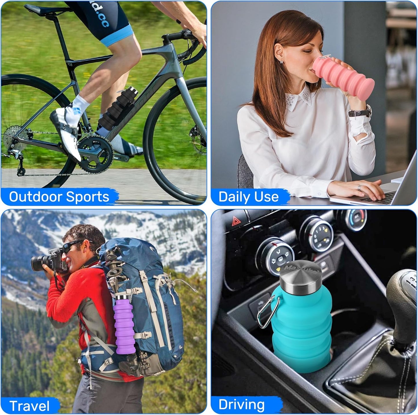 Collapsible Water Bottle, 16oz Portable Reusable Silicone Water Bottle, BPA-Free Leak-Proof Foldable Design with Carabiner, Lightweight Durable for Gym, Travel, Camping, Hiking, Sports, Black