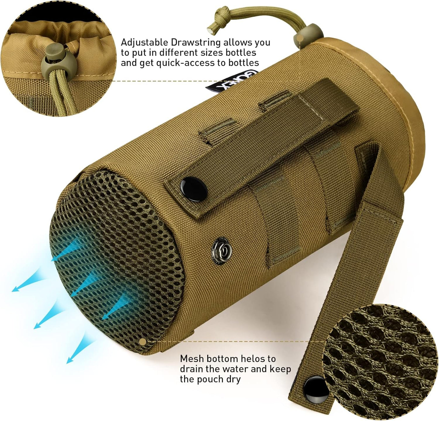 Gonex Tactical MOLLE Water Bottle Pouch, Drawstring Open Top & Mesh Bottom Travel Water Bottle Bag Hydration Carrier