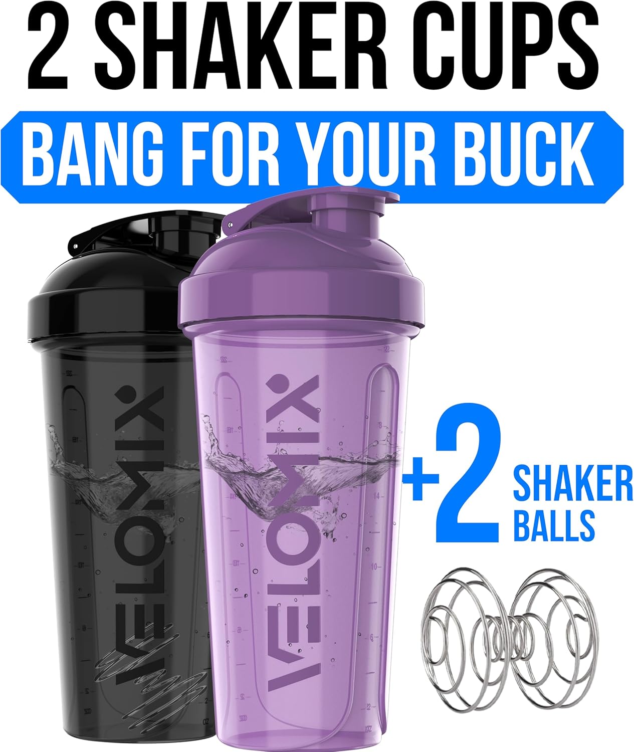 VELOMIX -2 Pack- 28 oz Protein Shaker Bottles for Protein Mixes - 2x Wire Whisk | Leak Proof Shaker Cups for Protein Shakes | Protein Shaker Bottle Pack (Black/Transparent)