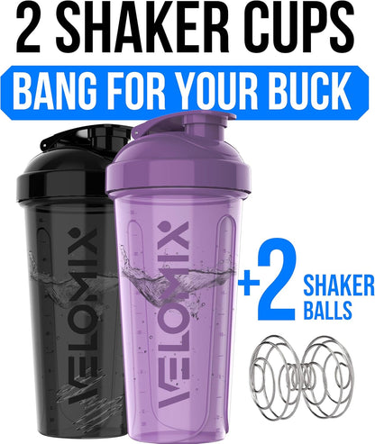 VELOMIX -2 Pack- 28 oz Protein Shaker Bottles for Protein Mixes - 2x Wire Whisk | Leak Proof Shaker Cups for Protein Shakes | Protein Shaker Bottle Pack (Black/Transparent)