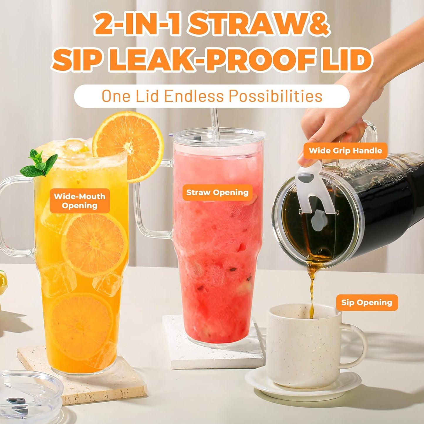 2Pack 40OZ Glass Tumbler with Handle,Glass Cup with Lid and Straw,Reusable Glass Iced Coffee Cup for Beer, Smoothies, Juice,Hot/Cold Drinks-Suitable for Birthday,Wedding