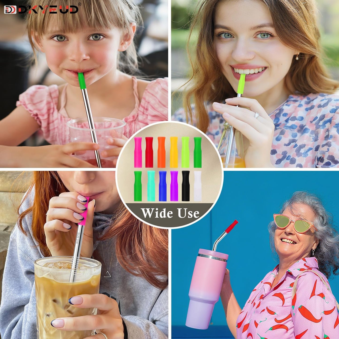 Reusable Stainless Steel Straws Set 6 PCS with 6 Silicone Tips, 2 Straw Brush, 1 Storage Case, Different Sizes of Metal Straws Reusable, Suitable for 14, 20, 30 oz Cups Tumbler, for Hot/Cold Drinks