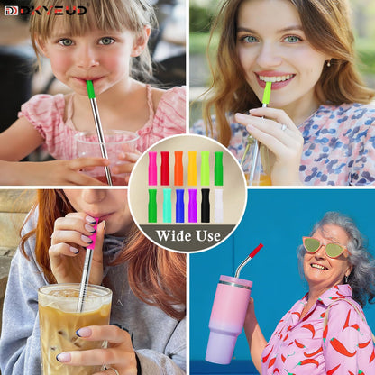Reusable Stainless Steel Straws Set 6 PCS with 6 Silicone Tips, 2 Straw Brush, 1 Storage Case, Different Sizes of Metal Straws Reusable, Suitable for 14, 20, 30 oz Cups Tumbler, for Hot/Cold Drinks