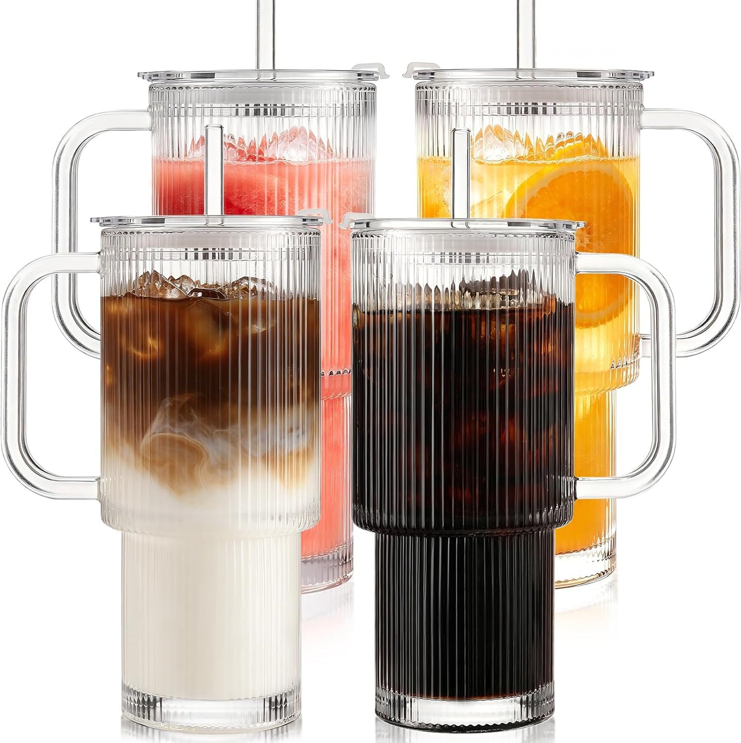 Iced Coffee Cups with Lids: Coffee Bar Accessories - Ribbed Glass Tumbler with Straw and Lid 4Pcs - 20oz Leak Proof Tumbler - Reusable Glass Cups and Tumblers with Lid and Straws for To Go Iced Coffee