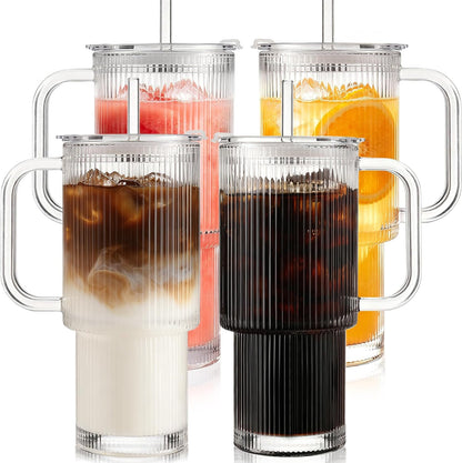Iced Coffee Cups with Lids: Coffee Bar Accessories - Ribbed Glass Tumbler with Straw and Lid 4Pcs - 20oz Leak Proof Tumbler - Reusable Glass Cups and Tumblers with Lid and Straws for To Go Iced Coffee