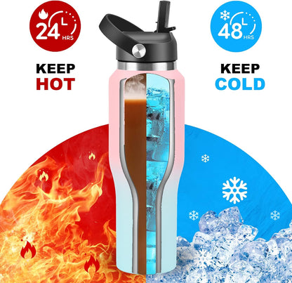 HYDROWION 32oz Stainless Steel Water Bottle(Cold for 48 Hrs, Hot for 24 Hrs),Double Wall Vacuum Insulated Water Bottle with Straw Lid, Spout Lid and Flex Cap, Fit in Any Car Cup Holder,Black