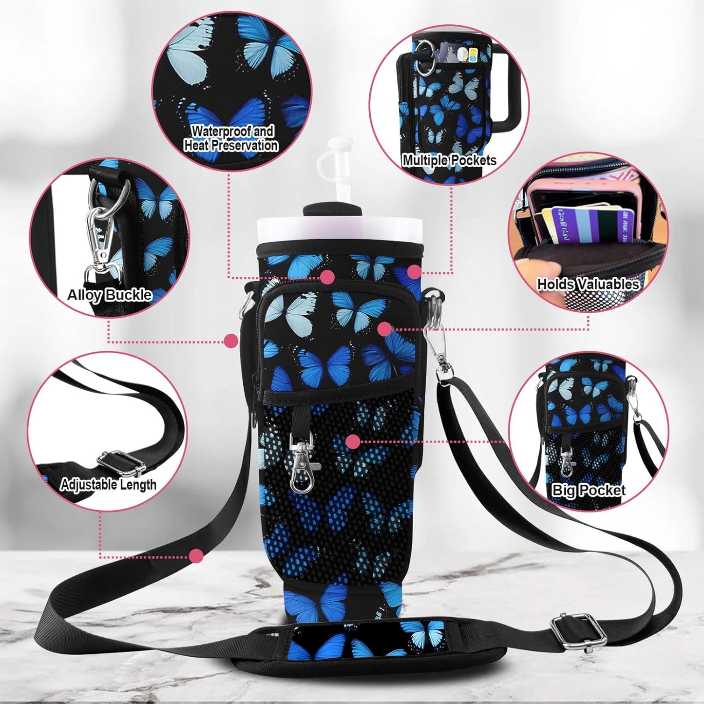 Stanley Carrier Bag for Stanley 40oz/30ozTumbler with Phone with 2 Adjustable Strap,3 Pockets Bottle Stanley Cup Carrier Bag & Case,Accessories for Hiking Travelling