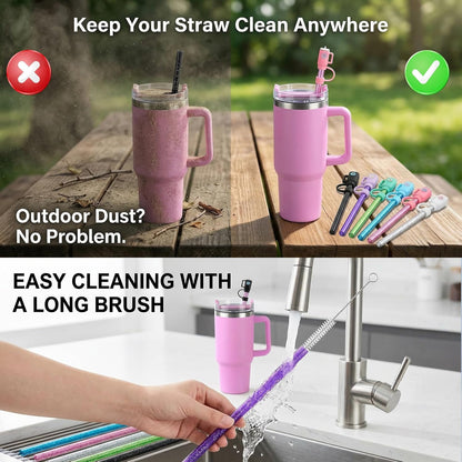 12 Pack Replacement Glitter Straws and Covers for 40 oz Stanley Adventure Travel Tumbler Cup, Reusable Glitter Straws with Cleaning Brush, Compatible with 40oz 30oz 20oz 14oz Stanley Water Jug, 12inch
