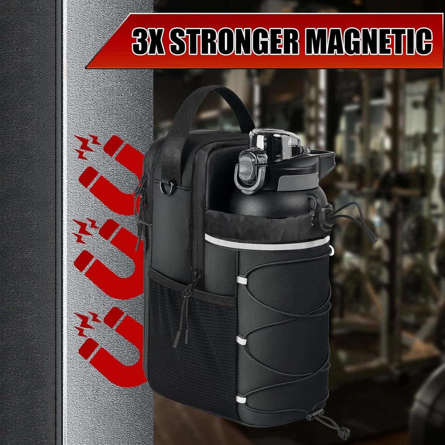 Magnetic Gym Bag for Men and Women, Water Bottle Holder, Gym Pouch with Shoulder Strap for Travel, Sports, Work, Fitness (Strap)