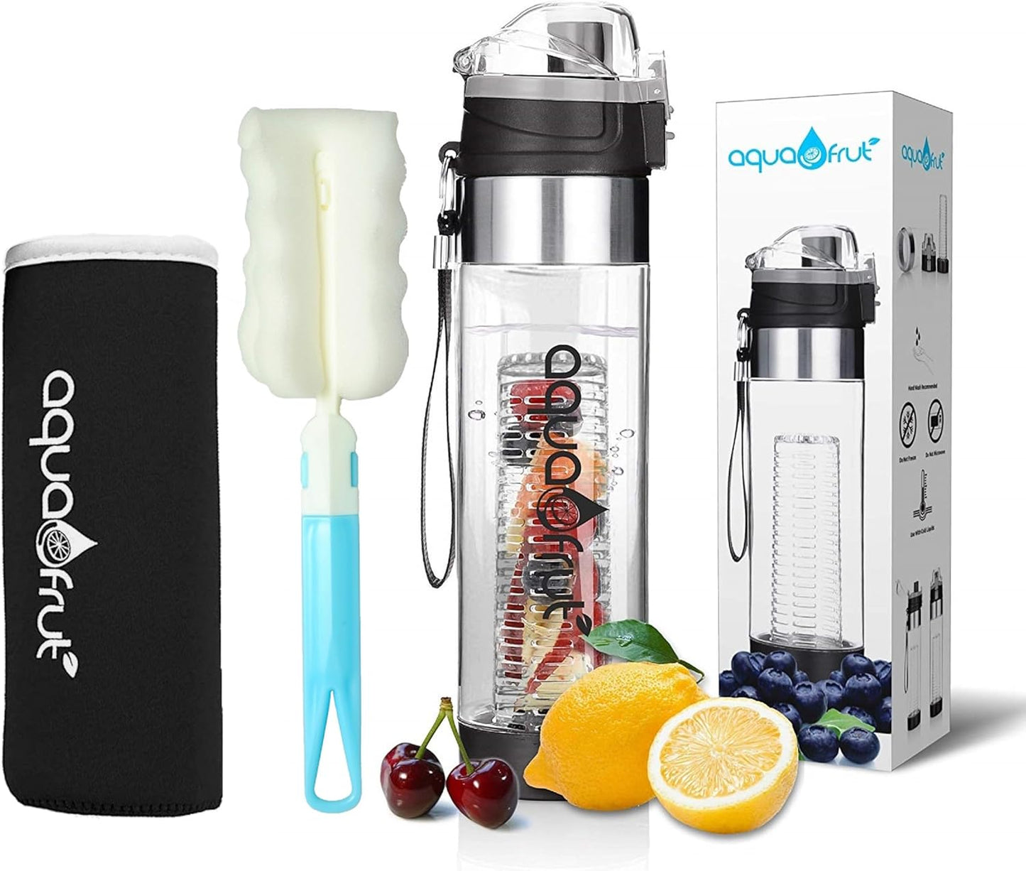 NEW Improved AquaFrut Bottom Loading Fruit Infuser Water Bottle Complete Bundle Includes Bottle Brush, Insulating Sleeve & Infusion Recipe eBook. Leak Proof Sweat Proof BPA-Free (Purple)