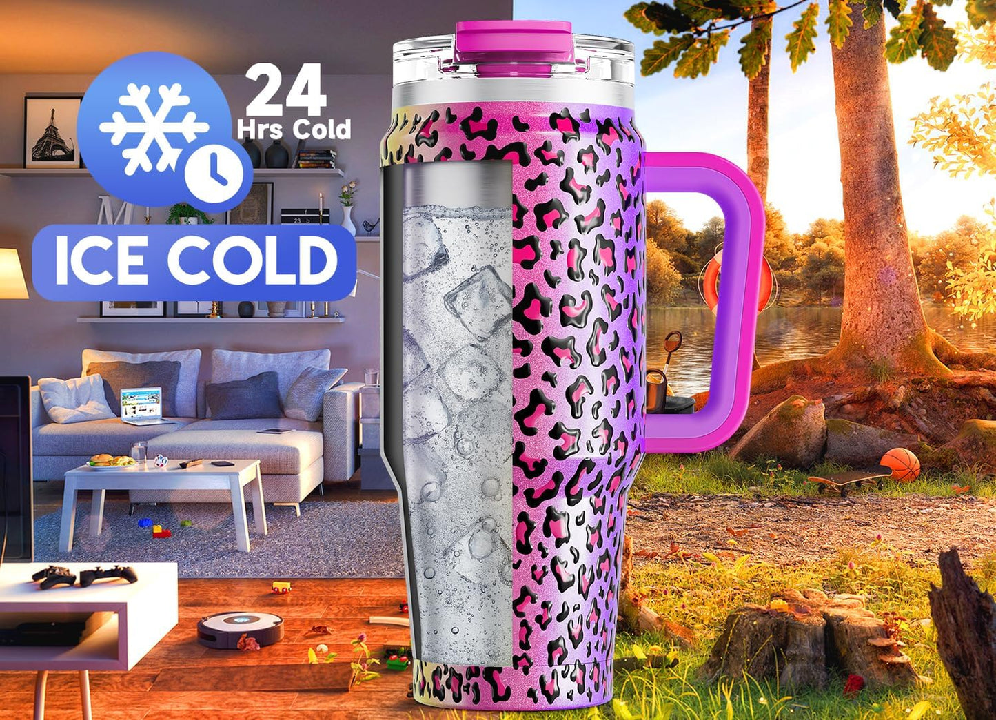 Meoky 32 oz Tumbler with Handle, Insulated Tumbler with Lid and Straw, Stainless Steel Travel Mug, Keeps Cold for 24 Hours, 100% Leak Proof, Fits in Car Cup Holder (Night)