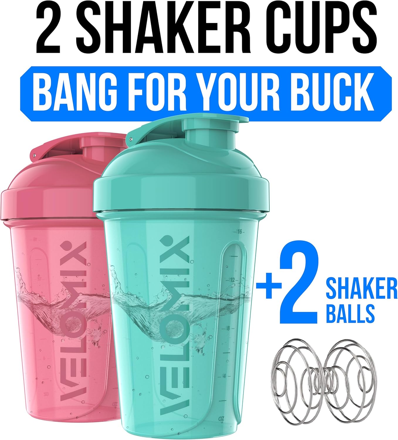 VELOMIX -2 Pack- 20 oz Protein Shaker Bottles for Protein Mixes - 2x Wire Whisk | Leak Proof Shaker Cups for Protein Shakes and Pre Workout | Protein Shaker Bottle Pack (Black/Transparent)