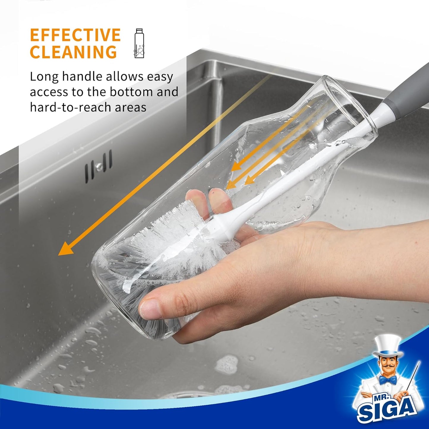 MR.SIGA Long Handle Bottle Brush, Flexible Scrub Brush for Water Bottles, Glasswares, Mugs, Black, 2 Pack