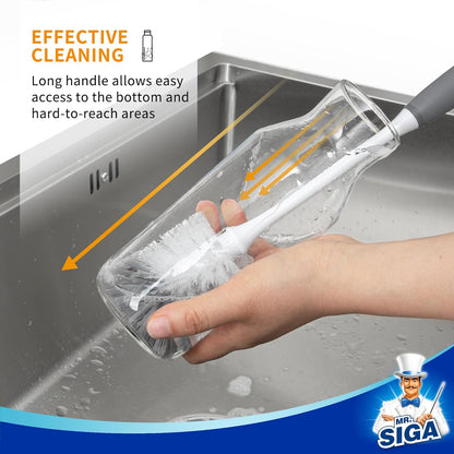 MR.SIGA Long Handle Bottle Brush, Flexible Scrub Brush for Water Bottles, Glasswares, Mugs, Black, 2 Pack