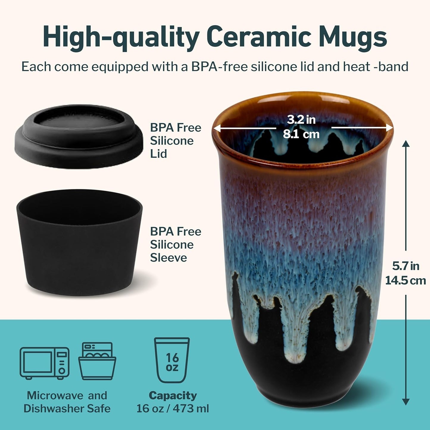 NOVA CERAMICS Coffee Tumbler – Travel Mug - On the Go Coffee Mug – Microwave & Dishwasher Safe Green Coffee Tumbler - Gifts For Women Men Him Her – 16oz – Monsoon