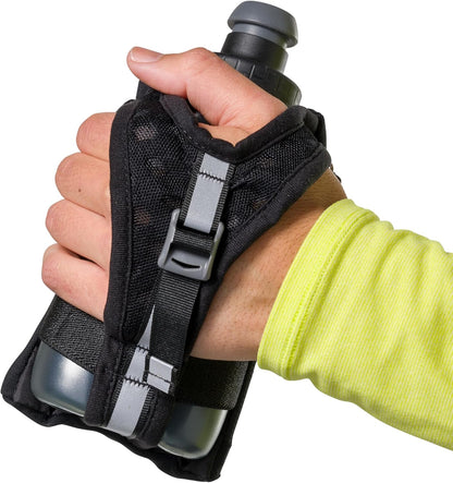 Nathan SpeedDraw 2 Insulated Handheld Running Water Bottle Flask 18oz – Double-Wall Insulation, Ergonomic Grip, Blast Valve Cap, Phone & Key Storage Pockets, Reflective Design