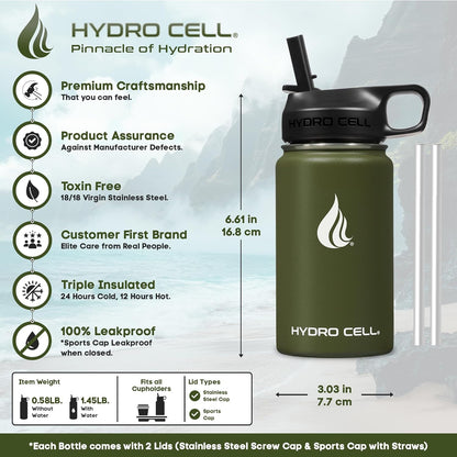 HYDRO CELL Stainless Steel Insulated Water Bottle with Straw - For Cold & Hot Drinks - Metal Vacuum Flask with Screw Cap and Modern Leakproof Sport Thermos for Adults (Neon 18oz)