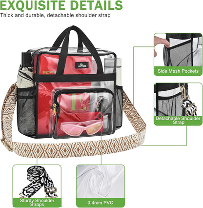 MAY TREE Clear Bag for Stadium Events, 12×5.5×12 Clear Tote Lunch Bag with Non-detachable Reinforced Straps for Work, Sporting Events and Gym, Black