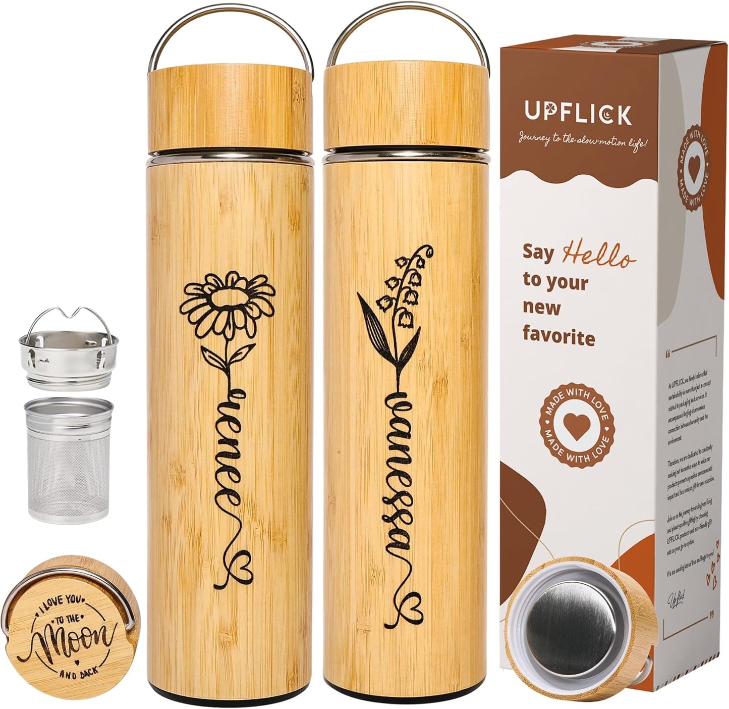 Bamboo Water Bottle Insulated Tea Tumbler for Men Birthday Gift, Women Travel Tea Set with Diffuser for Loose Tea Leaves, Stainless Steel Leak Proof Gift for Mom (15 oz)