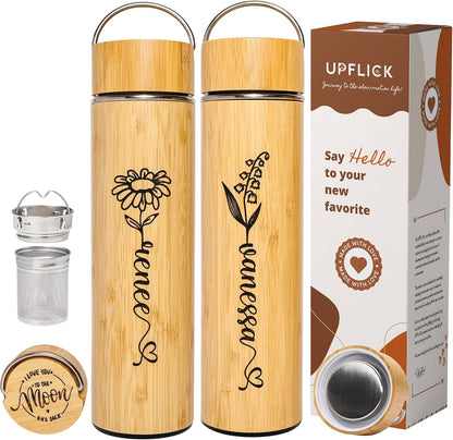 Bamboo Water Bottle Insulated Tea Tumbler for Men Birthday Gift, Women Travel Tea Set with Diffuser for Loose Tea Leaves, Stainless Steel Leak Proof Gift for Mom (15 oz)