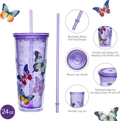 bzyoo SIP 24oz (710ml) Double Wall Plastic Tumbler with Lid and Straw Cold Drink Travel Mug Reusable Party Cup Perfect for Office Ice Coffee or Tea and Gift Color: Pink & Purple