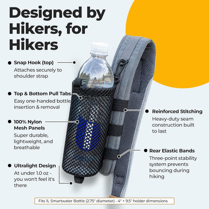 Water Bottle Holder for Backpack Shoulder Strap - Ulttalight 0.7 Ounces, Fits 1L Smartwater, Durabl Mesh, Snap Hook Mount Backpack Attachment