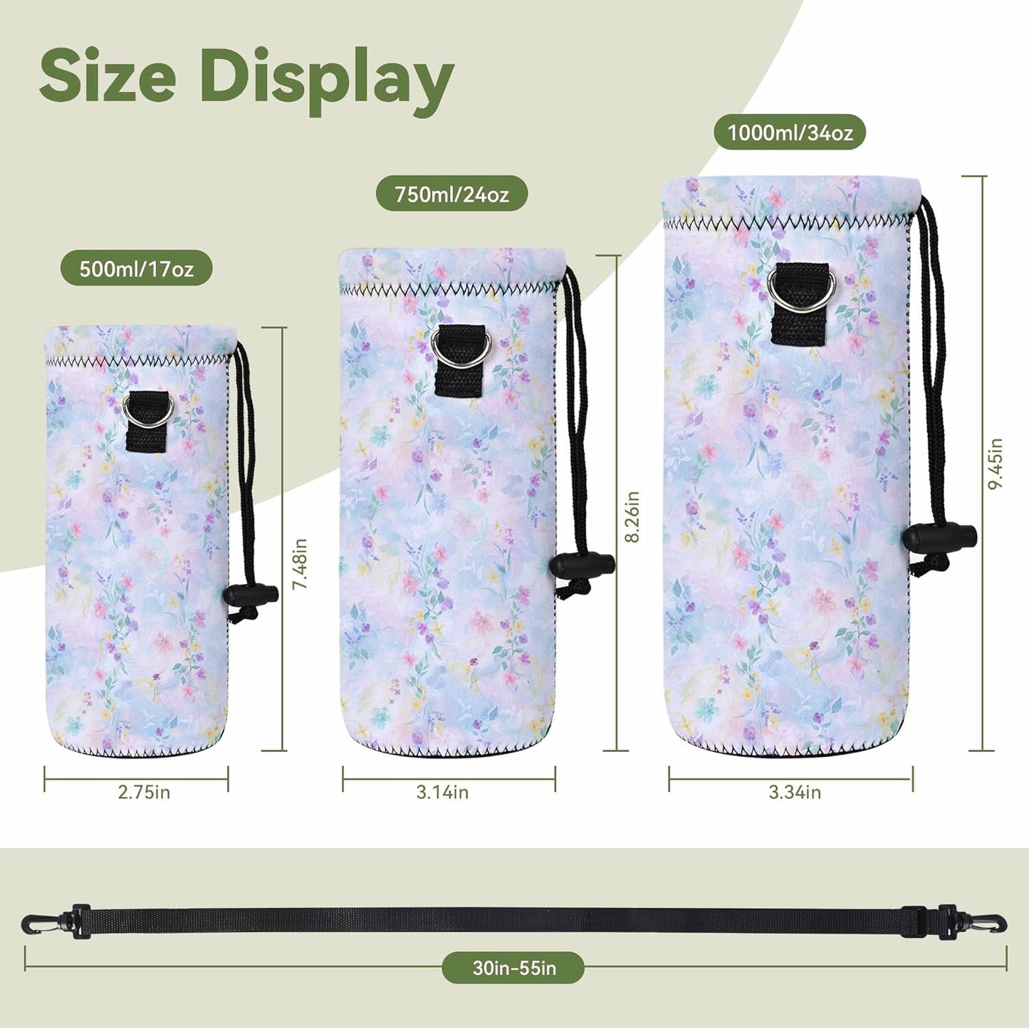 Neoprene 500ML/750ML/1000ML Water Bottle Bag Carrier, Portable Insulated Bottle Sling Holder Case Pouch with Adjustable Shoulder Strap for Men Women Walking Hiking Running