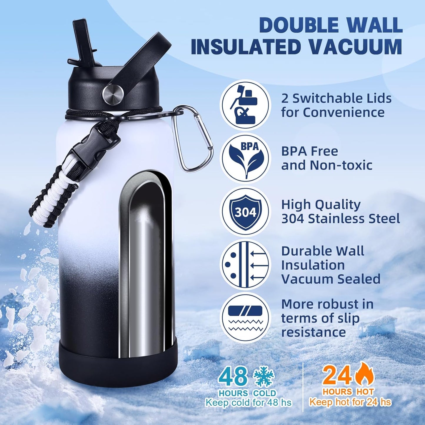 Insulated Water Bottle, 32 oz Stainless Steel Wide Mouth Water Bottles with 2 Leak Proof Lid and Paracord Handle, Double Wall Vacuum Insulated Sports Water Bottle, Purple Black