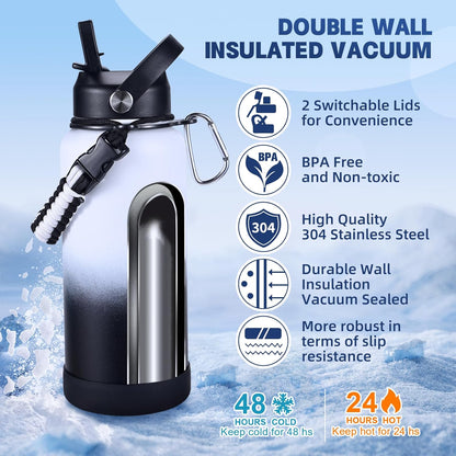Insulated Water Bottle, 32 oz Stainless Steel Wide Mouth Water Bottles with 2 Leak Proof Lid and Paracord Handle, Double Wall Vacuum Insulated Sports Water Bottle, Purple Black