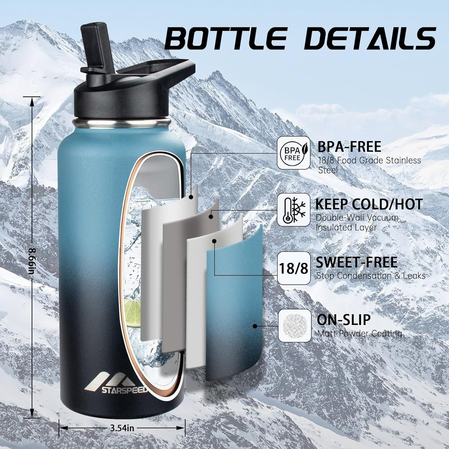 StarSpeed 32oz Insulated Water Bottle with Straw Lid, Stainless Steel Double Walled Vacuum Water Flask, Wide Mouth Sports Water Bottle for Gym Camping Hiking, Indigo Black