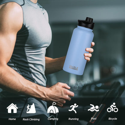 HASLE OUTFITTERS 32 oz Insulated Water Bottle Stainless Steel Double Walled Vacuum Sports Water Bottle with 2 Lids (Straw and Spout Lid) for Gym Camping Hiking(Black,1)