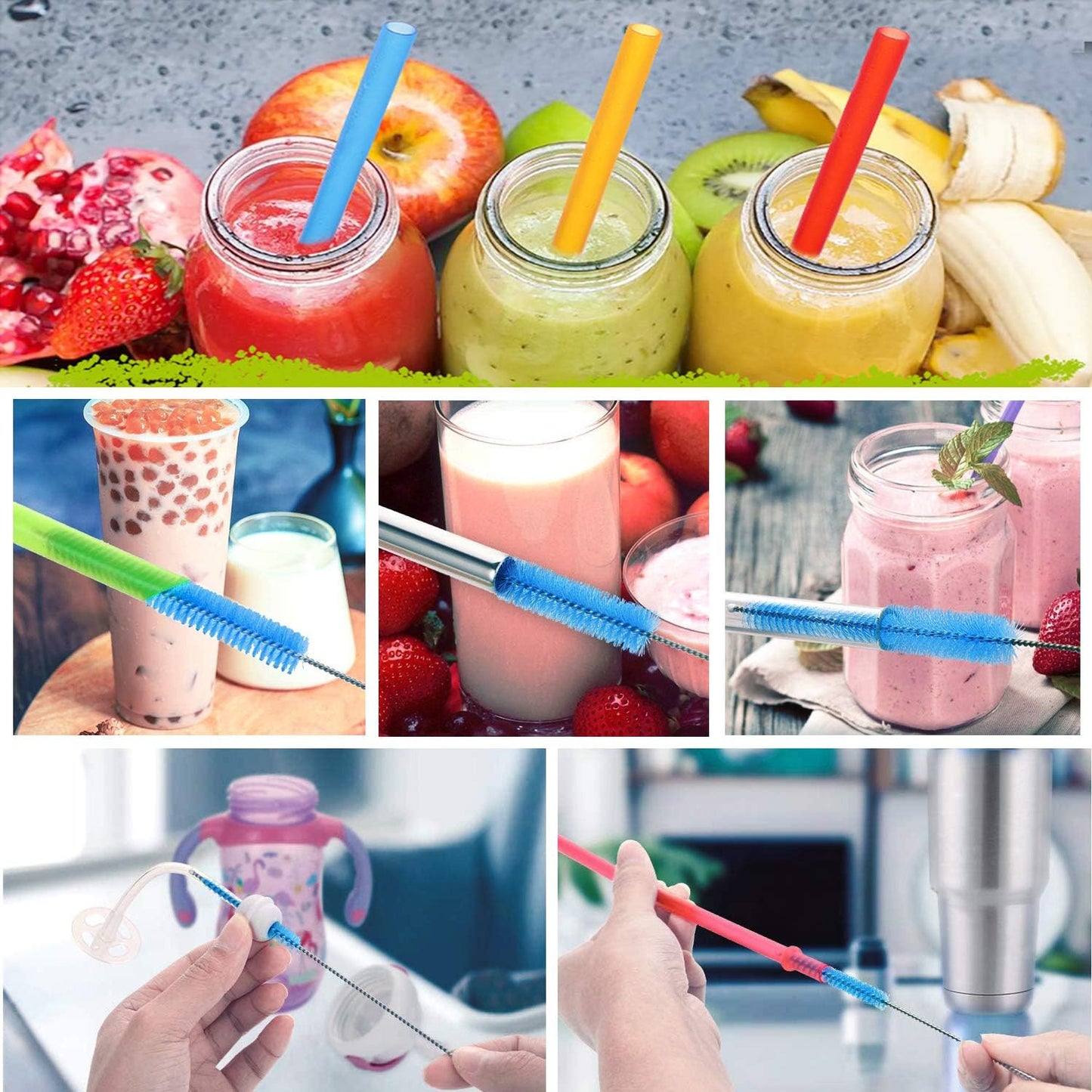 Long Straw Brush Cleaner (10 Pack), Flexible Nylon Tube Cleaning Brushes with 0.4" Bristles, Rust-Proof Stainless Steel Wire Washer for Reusable Tumblers, Sports Bottles & Pipes (10 Inch)