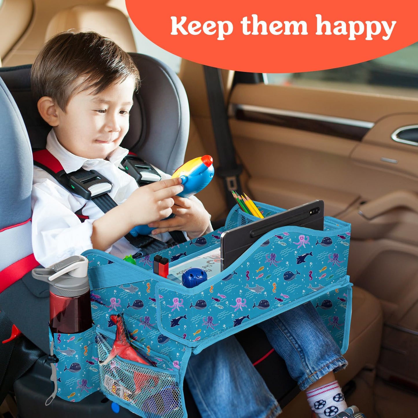 PILLANI Kids Travel Tray for Car - Car Seat Tray with Activity Sheets & Pens, Road Trip Essentials for Car & Airplane, Must Have Toddler Travel Lap Desk Accessories - Road Trip Activities for Kids