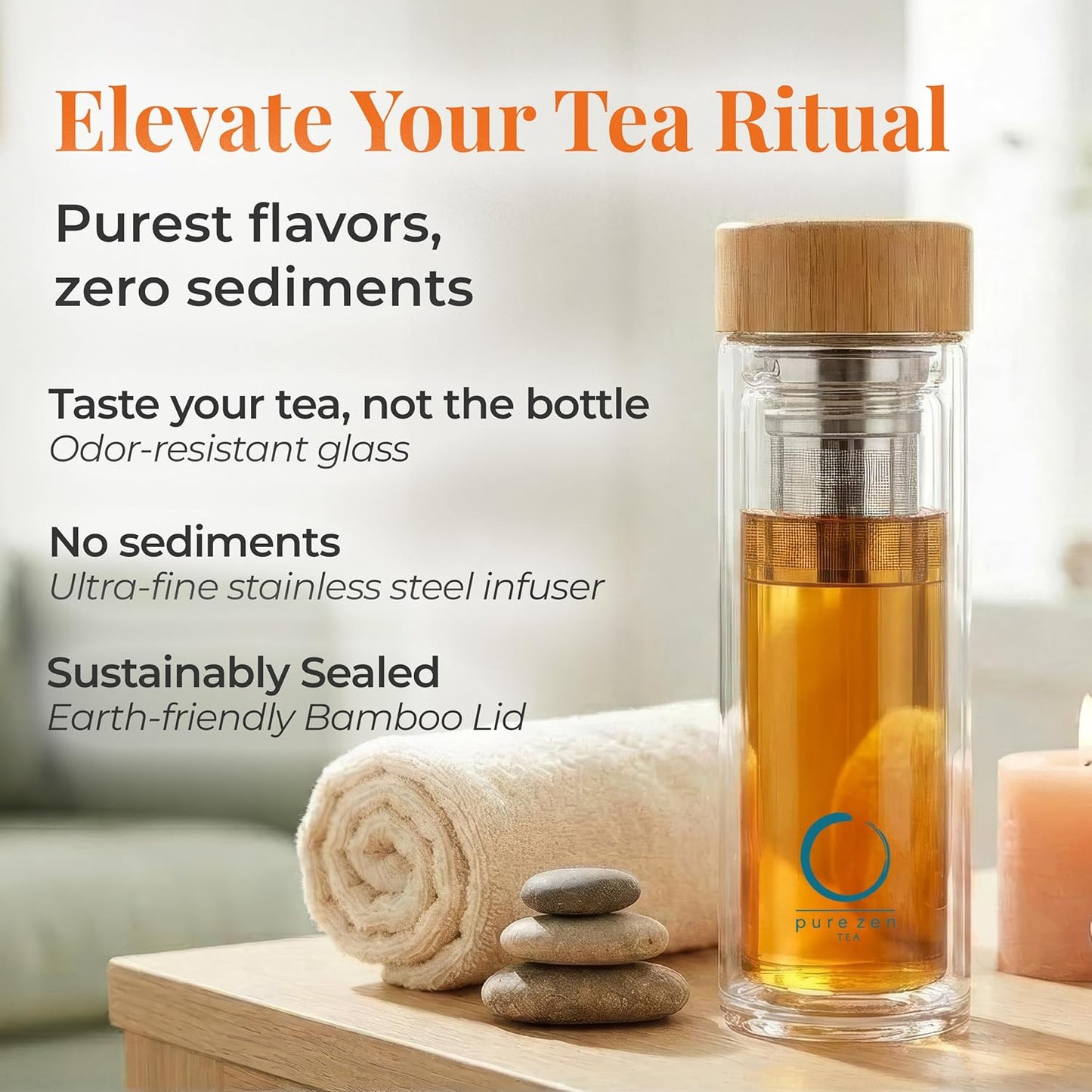 Leakproof Tea Infuser Bottle with Stainless Steel Filter - Insulated Double Wall Tea Tumbler with Infuser for Loose Leaf, Herbal Infusions and Fruit Infused Water - Travel Mug with Bamboo Lid - 15 oz