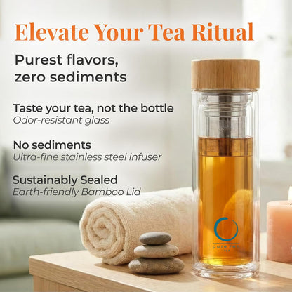 Leakproof Tea Infuser Bottle with Stainless Steel Filter - Insulated Double Wall Tea Tumbler with Infuser for Loose Leaf, Herbal Infusions and Fruit Infused Water - Travel Mug with Bamboo Lid - 15 oz
