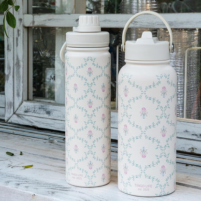 25oz Insulated Stainless Steel Aesthetic Cute Water Bottle - 2 Lids Included (Straw + Sport Handle), Leakproof BPA-Free, Dreamy Cream Cute Floral Design, Perfect Gym/Yoga/Office Companion