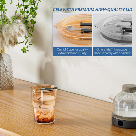 13 oz Iced Coffee Cup, Glass Tumbler with Straw and Lid for Tea, Matcha, Cold Brew, Sealed, Portable, Thick Wall, BPA-Free (Amber)