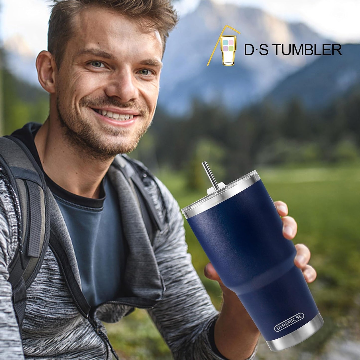 D·S 30oz Blue Tumbler Stainless Steel Double Wall Vacuum Insulated Mug with Straw and Lid, Cleaning Brush for Cold and Hot Beverages