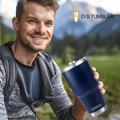 D·S 30oz Blue Tumbler Stainless Steel Double Wall Vacuum Insulated Mug with Straw and Lid, Cleaning Brush for Cold and Hot Beverages