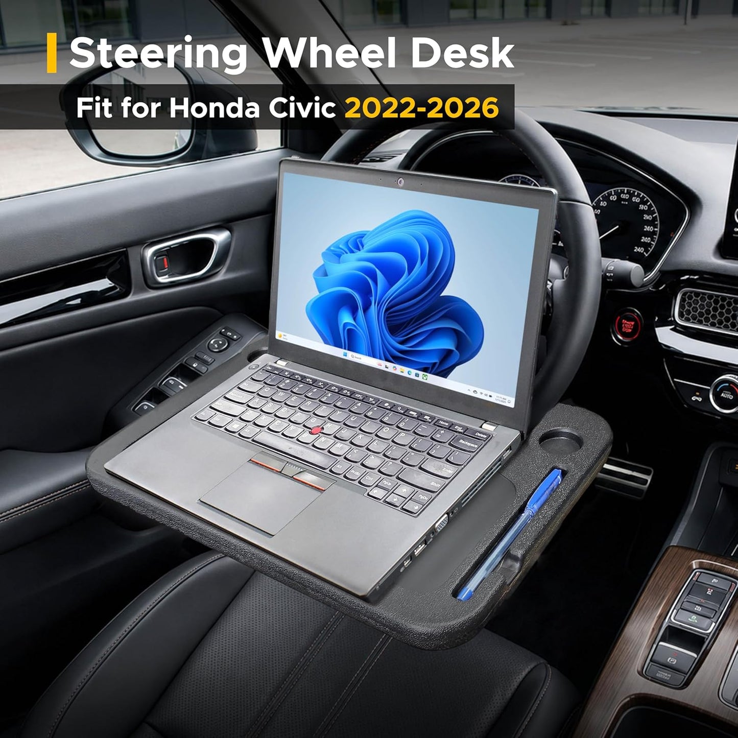 EcoNour 2 in 1 Car Steering Wheel Desk | Tray for Laptop Car Mount with Pen Holder | Desk Console for Car | Food Tray for Eating with Drinks Holder | Multipurpose Travel Car Accessories