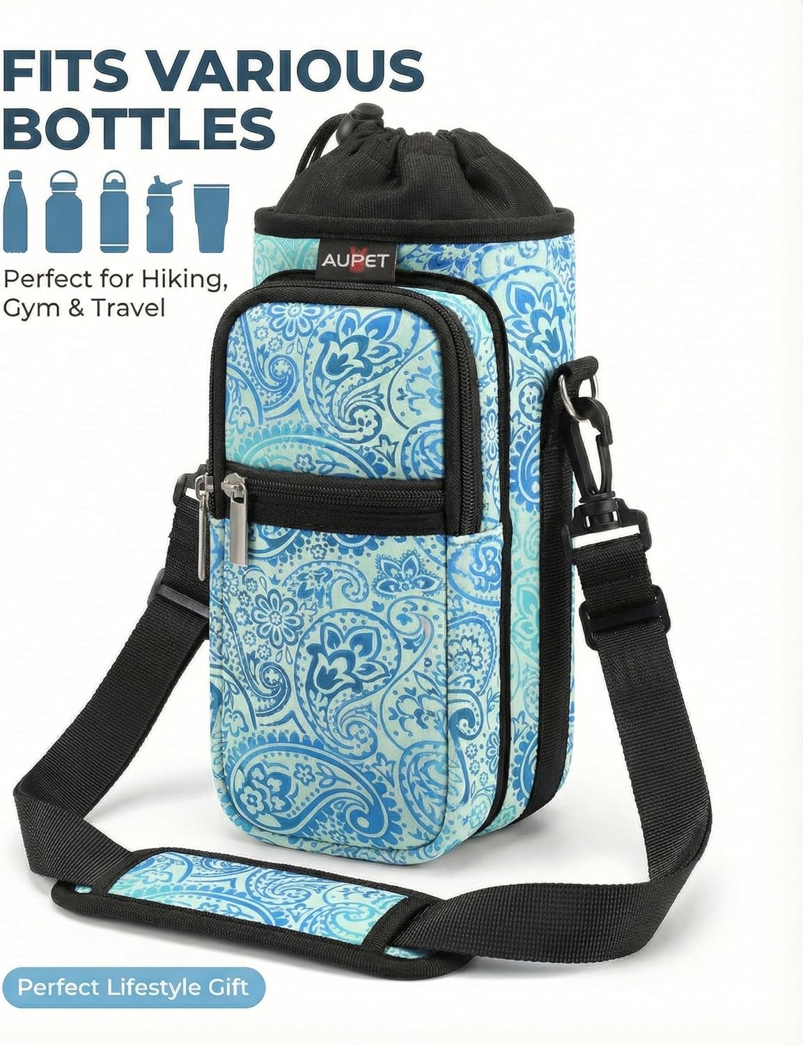 AUPET Water Bottle Sling Bag Sleeve Holder Carrier 25/32/40/64 oz,Insulated Crossbody Water Bottle Case Cover with Strap and Pockets for Men/Women Walking Hiking