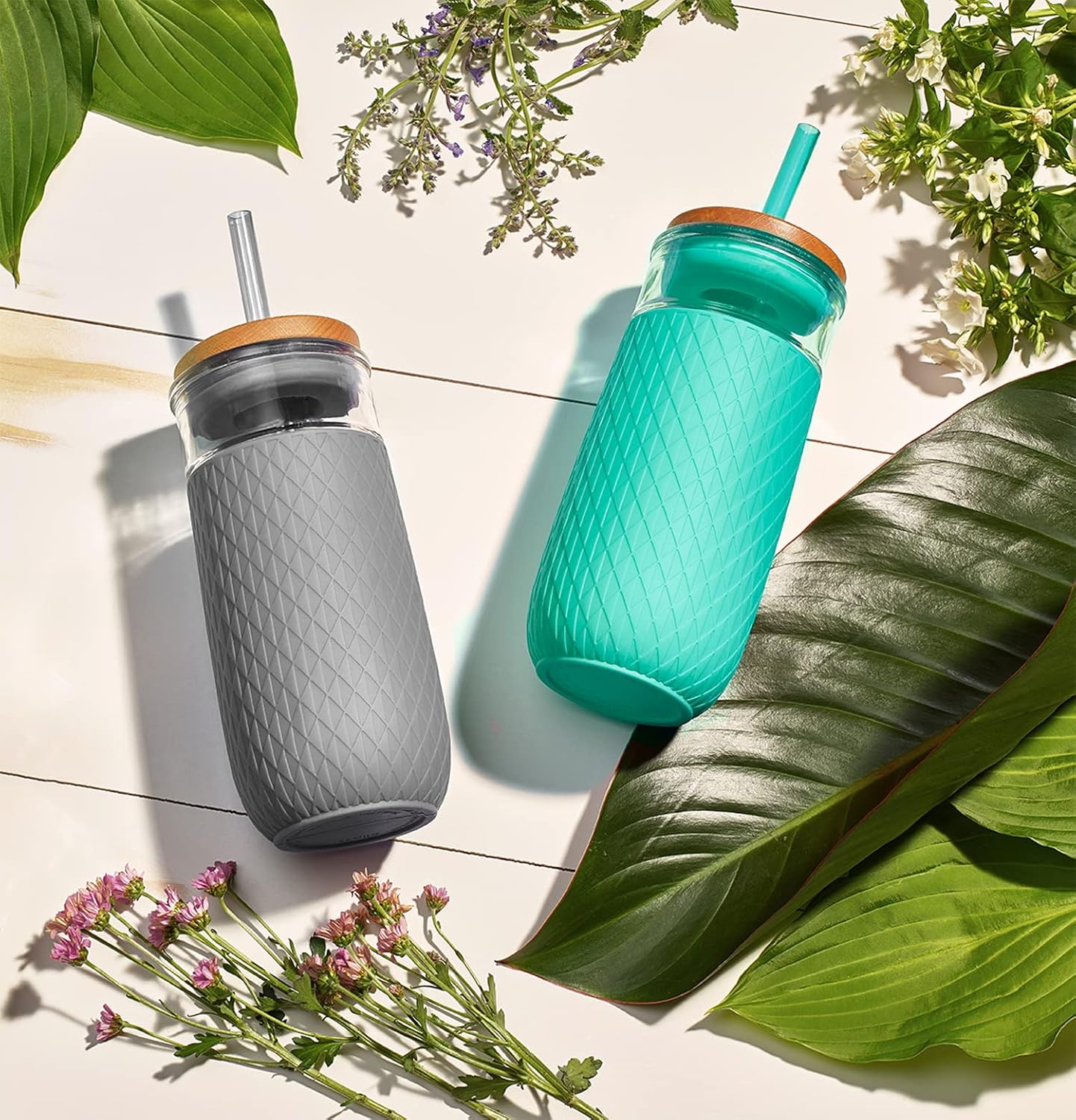 Ello Devon Glass Tumbler , Protective No Sweat Silicone Sleeve and Splash Proof Wooden Detail Lid with Straw, 18 oz