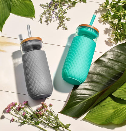 Ello Devon Glass Tumbler , Protective No Sweat Silicone Sleeve and Splash Proof Wooden Detail Lid with Straw, 18 oz