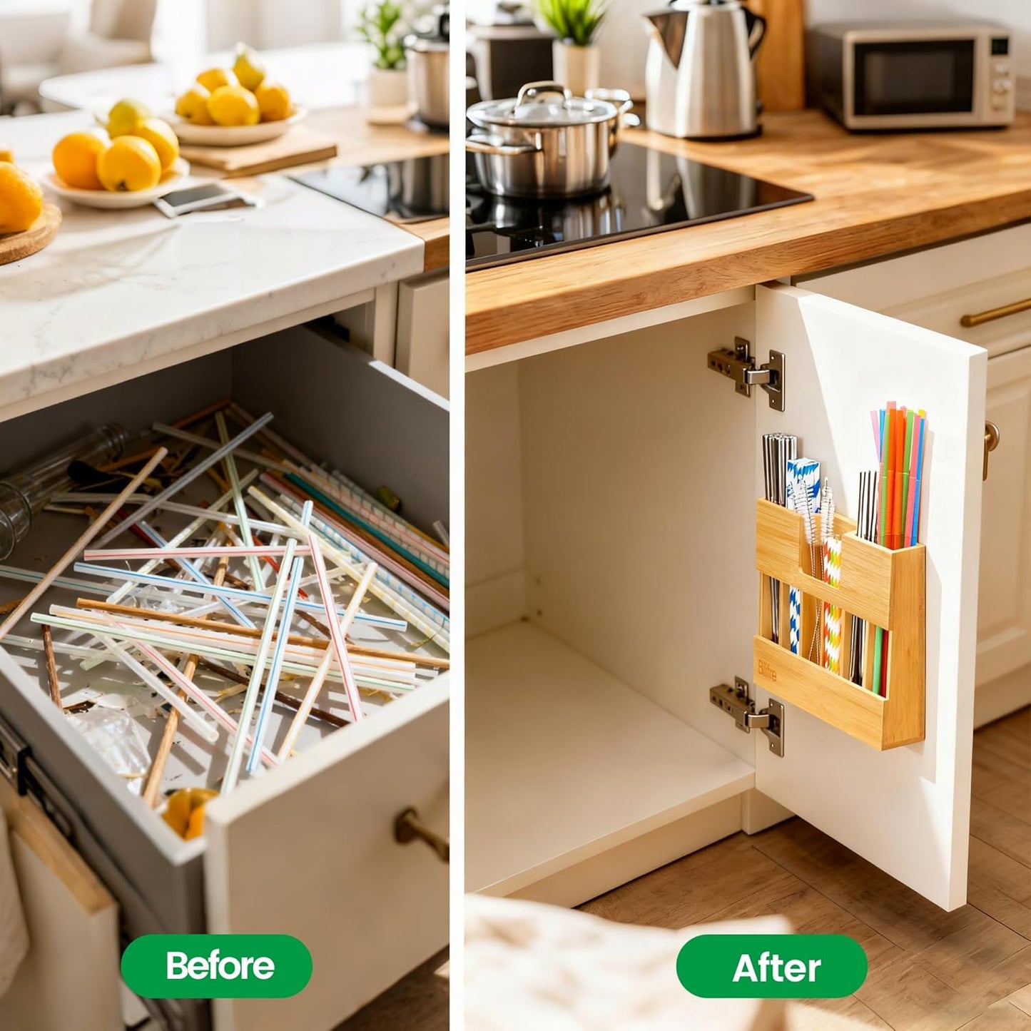 Bamboo Straw Holder Organizer for Cabinet Door, 10.8" Magnetic Straw Organizer with 6 Compartments for Long & Short Reusable Straws, Fridge, Counter & Wall Mount