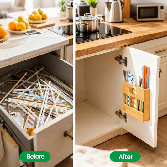 Bamboo Straw Holder Organizer for Cabinet Door, 10.8" Magnetic Straw Organizer with 6 Compartments for Long & Short Reusable Straws, Fridge, Counter & Wall Mount