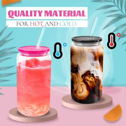 Joyclub 8pcs 16 oz Glass Cups with Acrylic Lids and Straws Can Shaped Iced Coffee Glasses Cute Tumbler Set Drinking Jars for Smoothie Soda Boba Beer Party Housewarming Gifts
