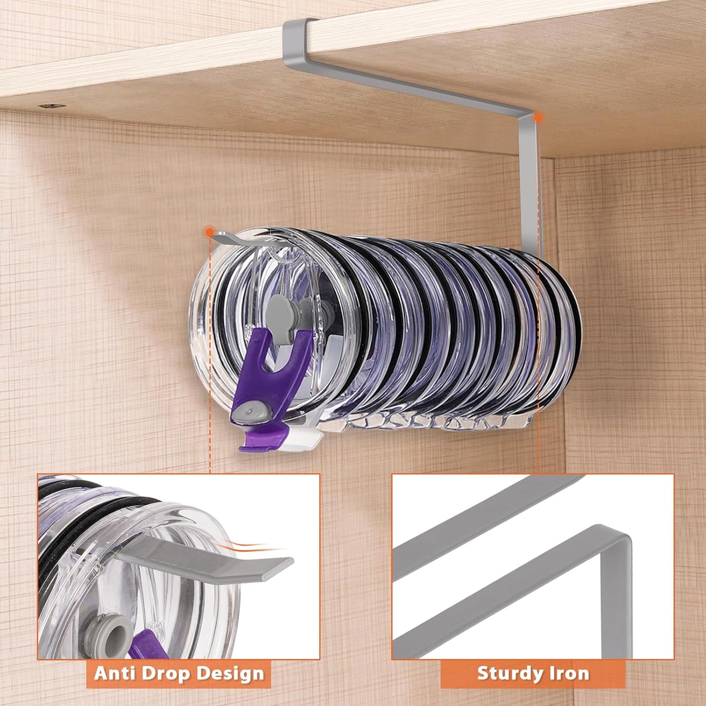 Tumbler Lid Organizer, Horizontal Tumbler Lid Storage Hook Up to 10 Lids, Space Saving Cup Lid Holders Under Cabinet Tumbler Lid Hook for Kitchen Organizer and Storage,Hanging Paper Towel Rack Hanger