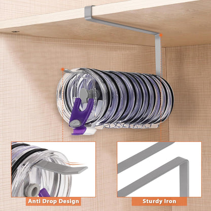 Tumbler Lid Organizer, Horizontal Tumbler Lid Storage Hook Up to 10 Lids, Space Saving Cup Lid Holders Under Cabinet Tumbler Lid Hook for Kitchen Organizer and Storage,Hanging Paper Towel Rack Hanger